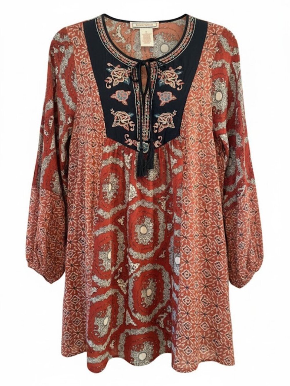 Boho tunic dress rayon Flying Tomato embroidered front tassel ties relaxed bold